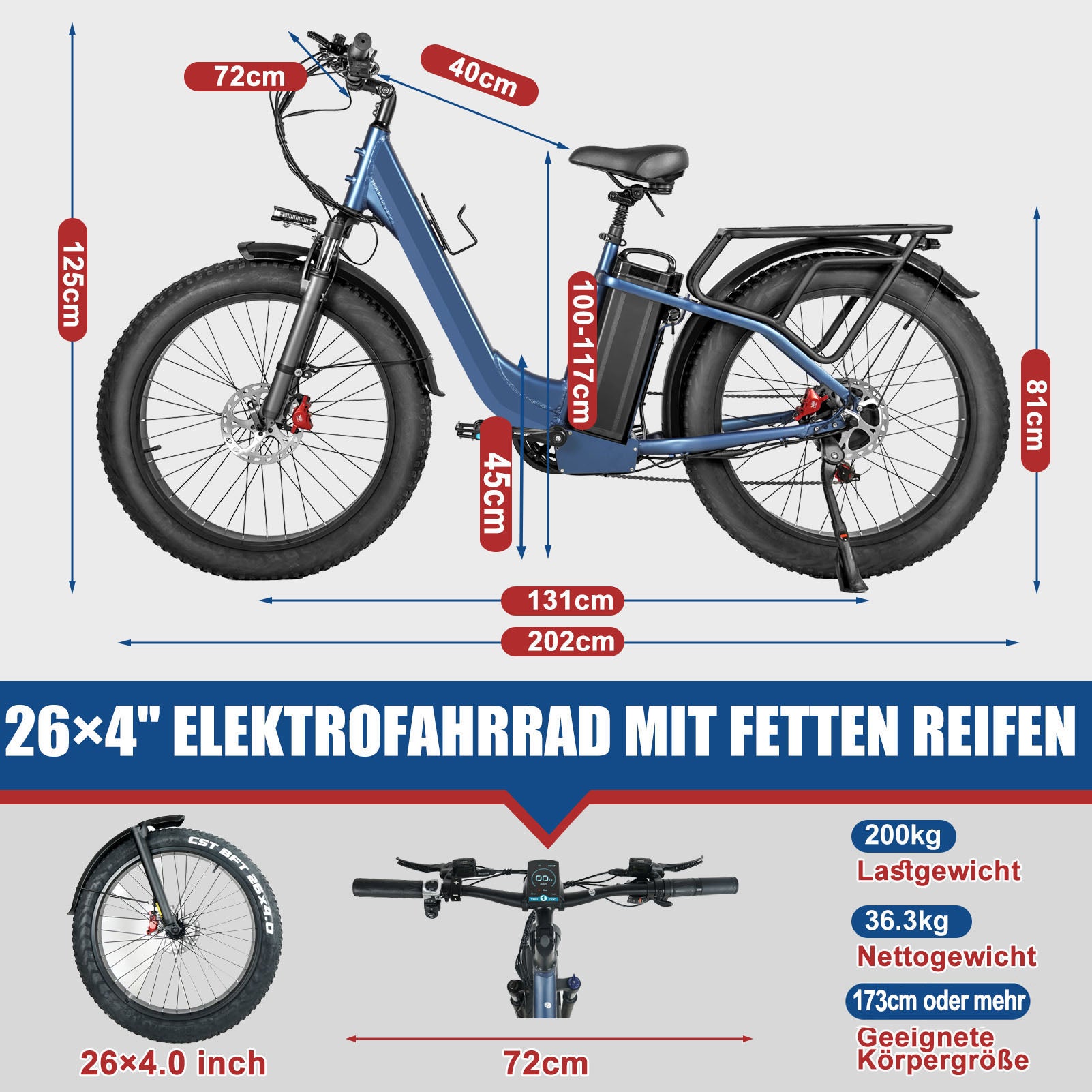 Y26 750W E-Bike Ebike Men Women, 30A City E Bike, 26”×4.0 Fatbike (Suitable for people over 173cm)