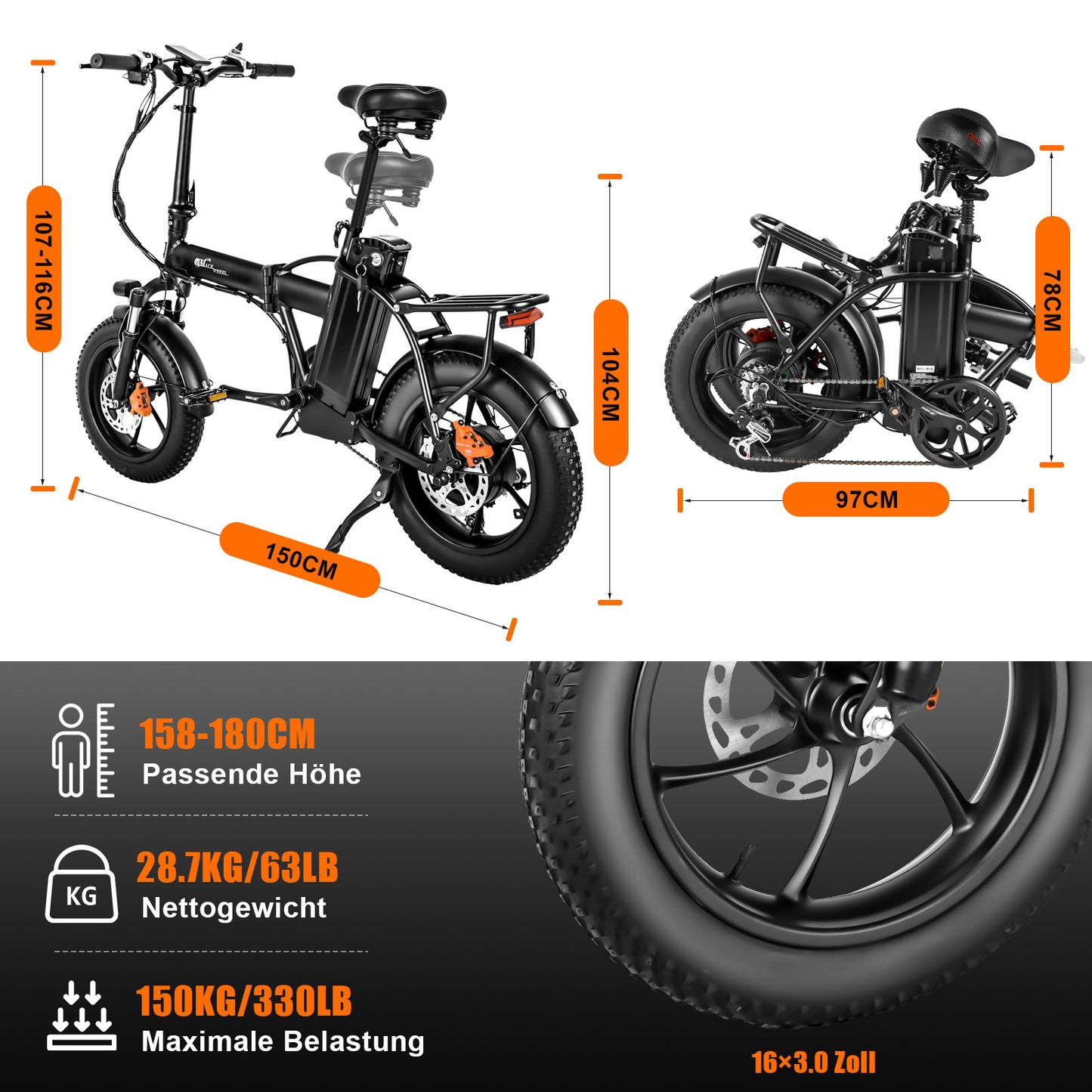 AC16  16"Folding Bike 250W E Bike Men Women, 48V/18Ah Fat E-Bike with 3.0 Tyres